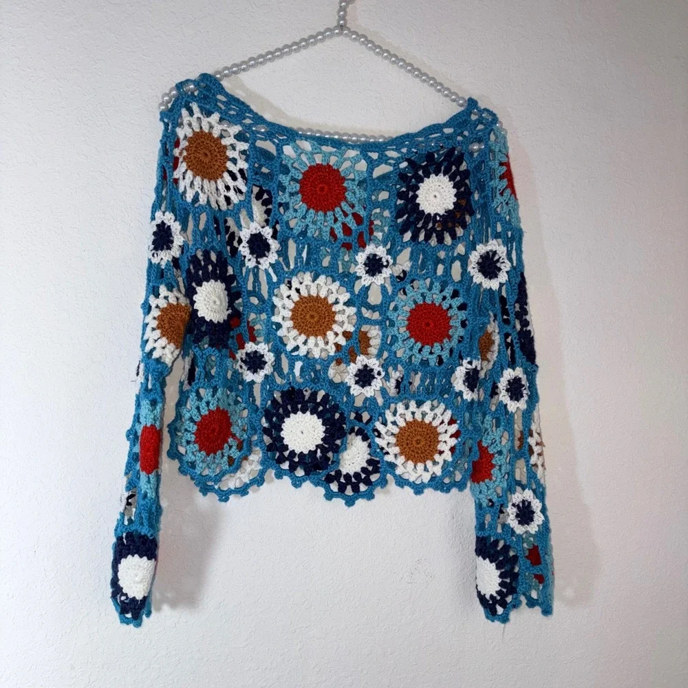Unbranded Crochet Granny Square Top Small Blue Excellent Boho Floral Cropped